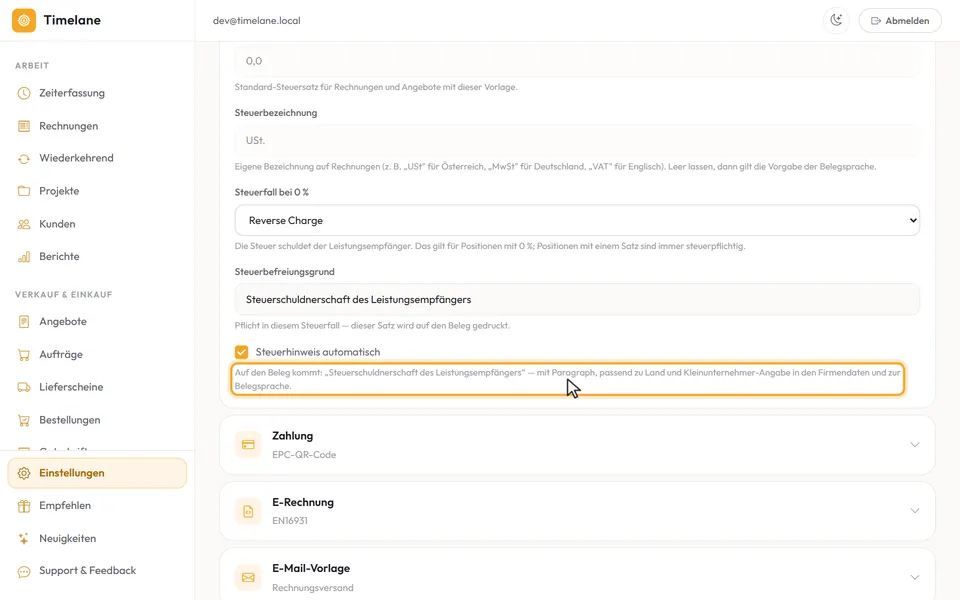 Der Haken bei „Steuerhinweis automatisch“ und der Text, der auf den Beleg kommt