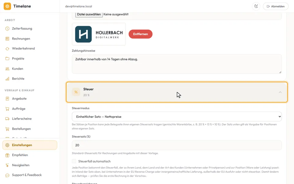 Der Abschnitt „Steuer“ im Vorlageneditor