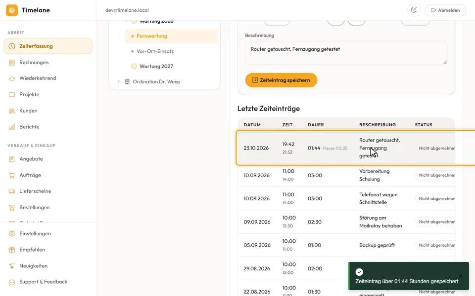 Der neue Eintrag mit Pause