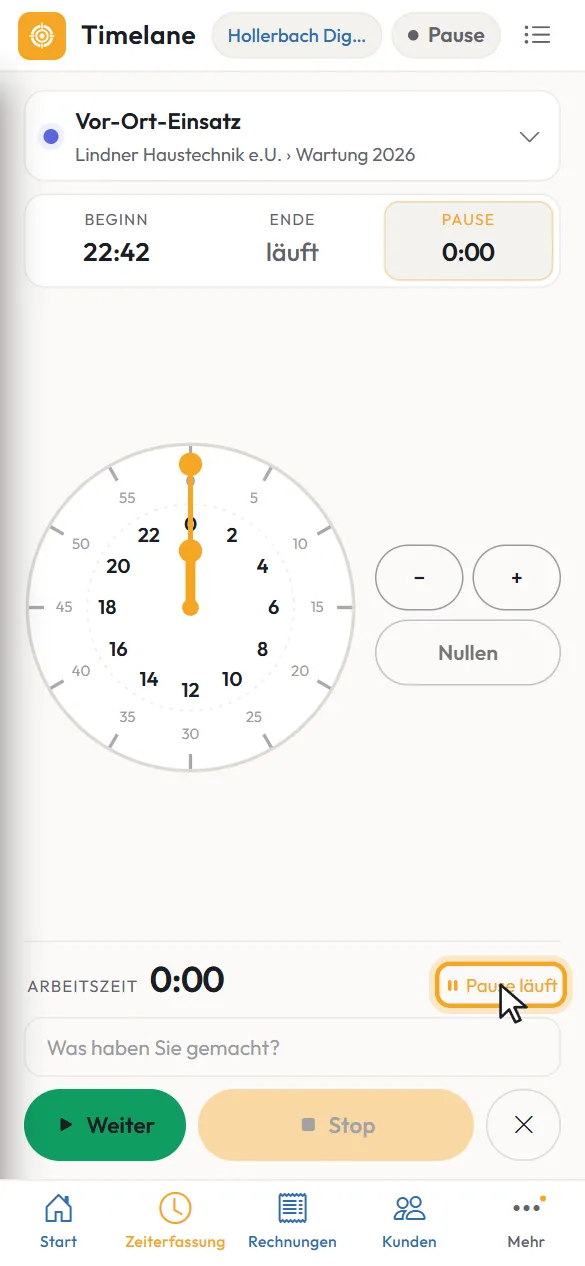 „Pause läuft“ unter der Arbeitszeit
