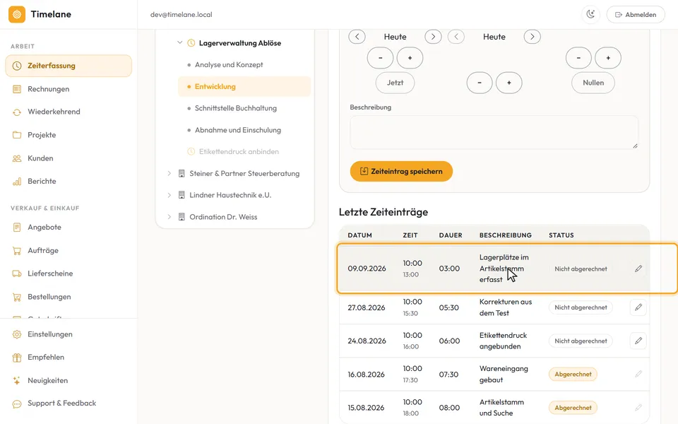 Die Liste „Letzte Zeiteinträge“ der gewählten Aufgabe
