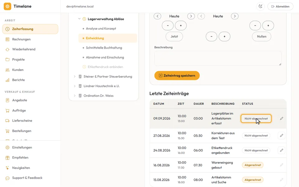 Spalte „Dauer“ und der Status „Nicht abgerechnet“ einer offenen Buchung