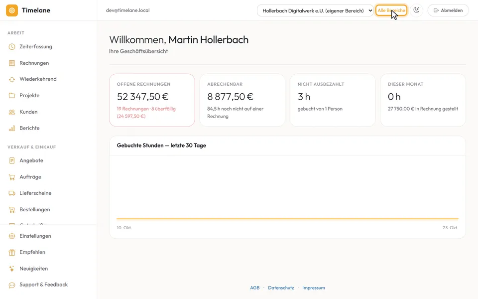 Zurück im eigenen Bereich, daneben „Alle Bereiche“